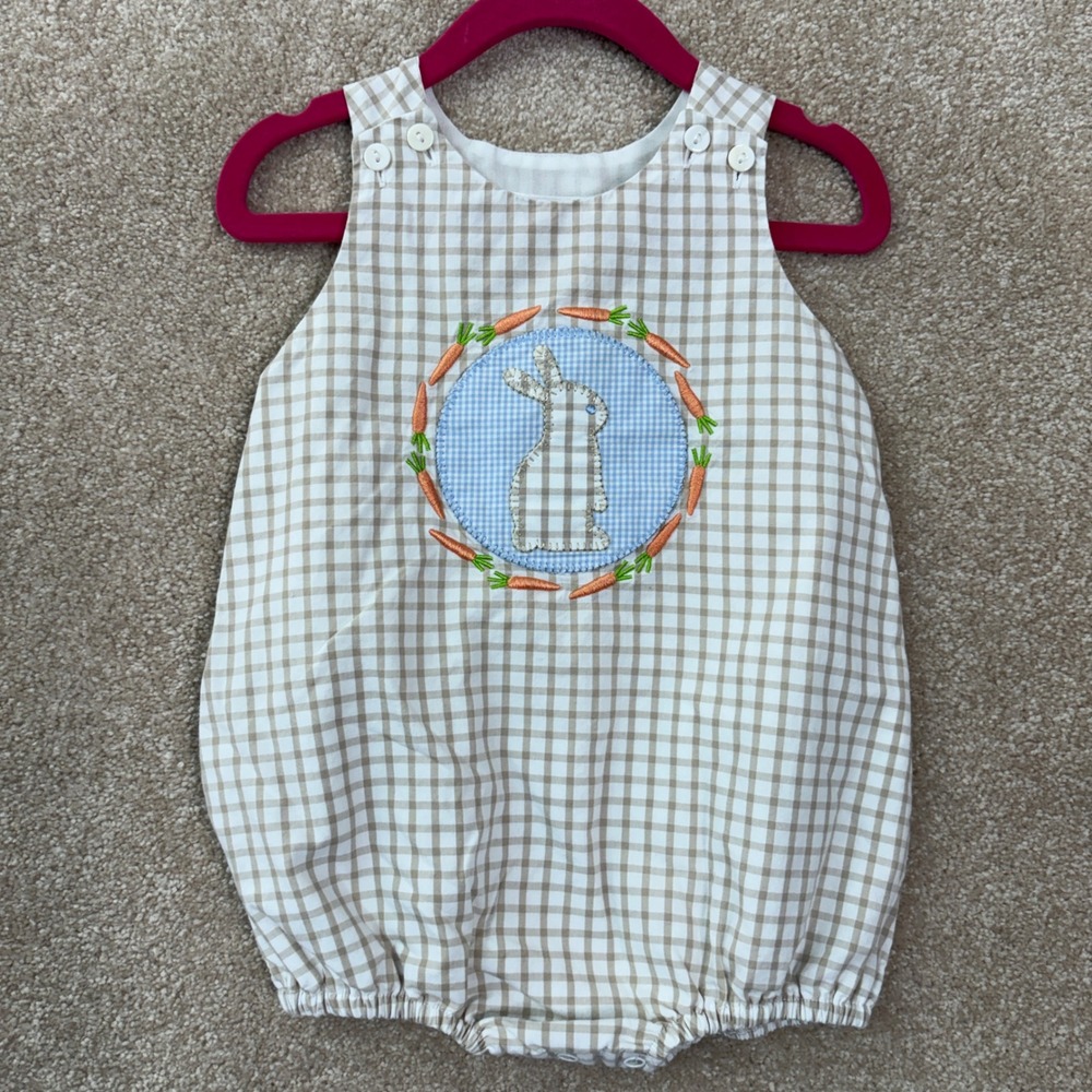 CECIL AND LOU Bubble Romper Kid's 9M Tan Gingham Cotton Bunny Easter 9 Months